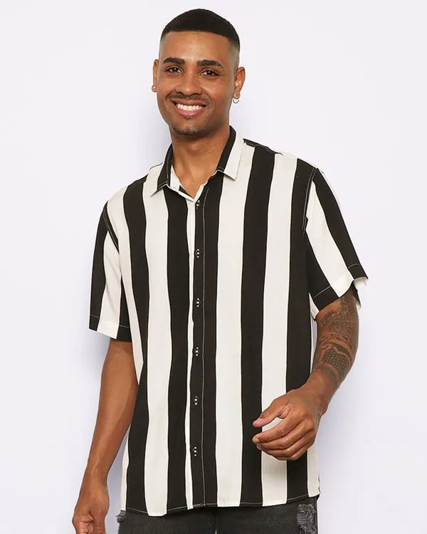 Camisa Masculina Manga Curta Viscose Listrada Preta 4
