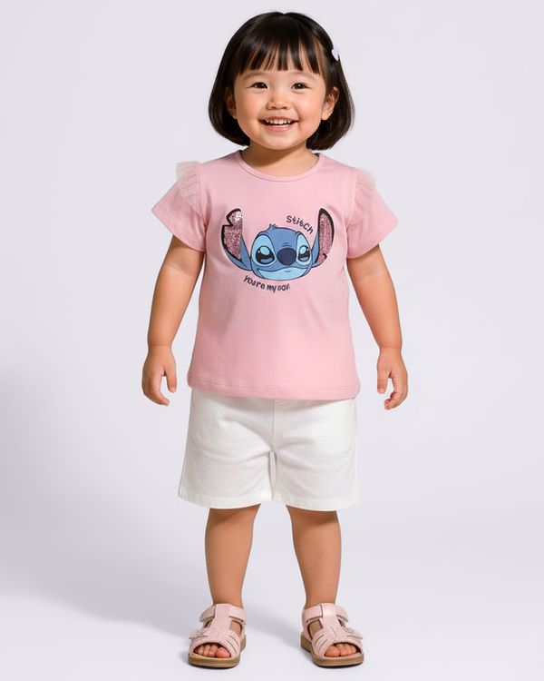 Camiseta Bebê Disney Stitch Paetê Manga Curta com Tule Rosa 2
