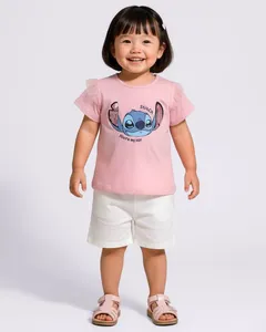 Camiseta Bebê Disney Stitch Paetê Manga Curta com Tule Rosa 2