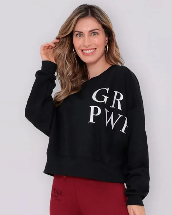Blusão Feminino Cropped Moletom Girl Power Preta P