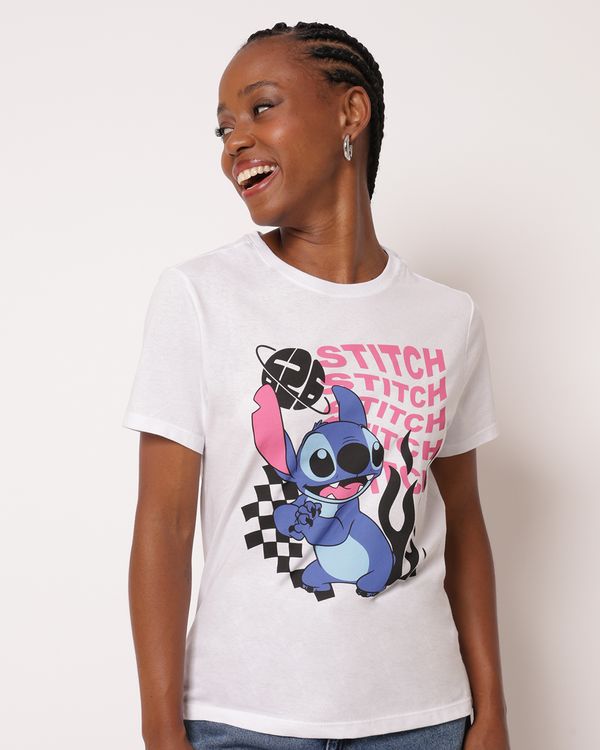 Camiseta Feminina Algodão Disney Stitch Manga Curta Branca M