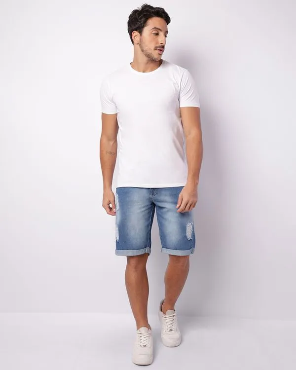 Bermuda Jeans Masculina Reta Destroyed Barra Dobrável Azul 48