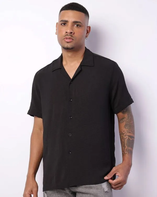 Camisa Masculina Manga Curta Gola Cubana Preta 4