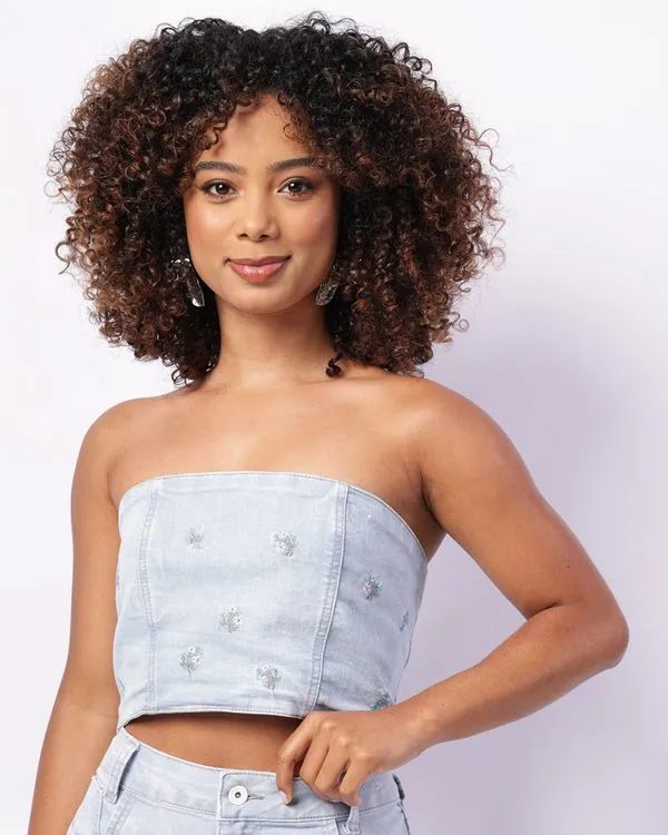 Blusa Jeans Feminina Tomara Que Caia Lastex Bordado Azul G