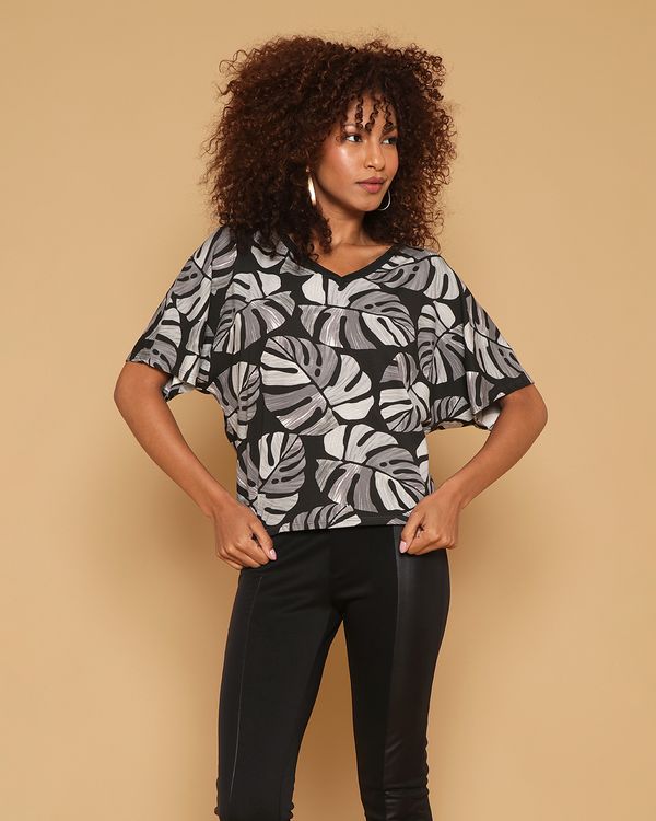 Blusa Feminina Decote V Com Manga Curta Estampada Preta M