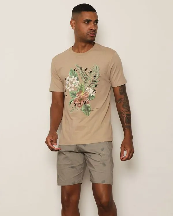 Camiseta Masculina Surf Manga Curta Estampa Floral Bege G