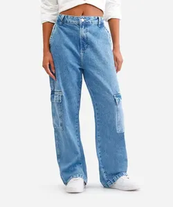 calça wide leg feminina jeans cargo azul 34