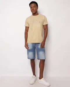 Bermuda Jeans Masculina Reta Destroyed Estonada com Bolsos Azul 40