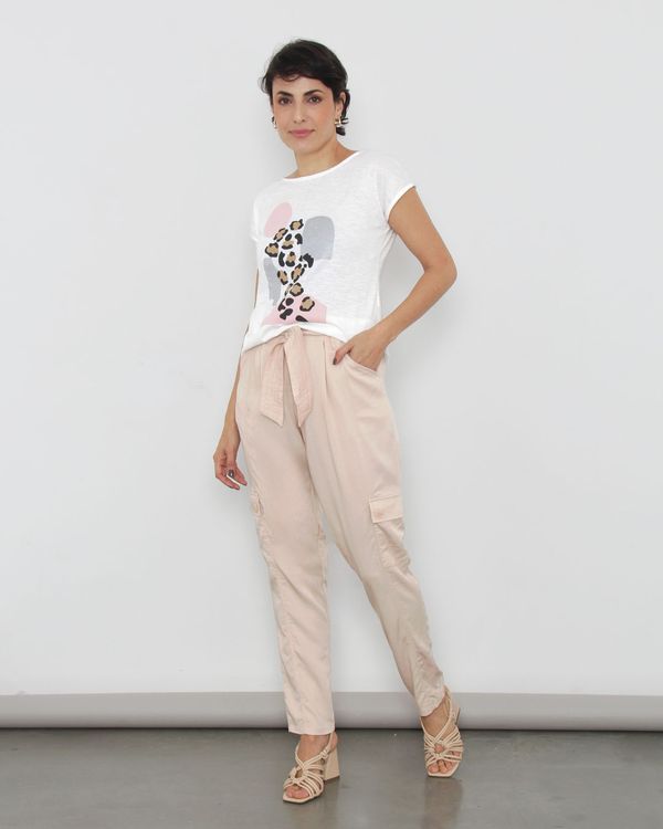 Calça Feminina Sarja Bolso Cargo Faixa De Amarração Bege P