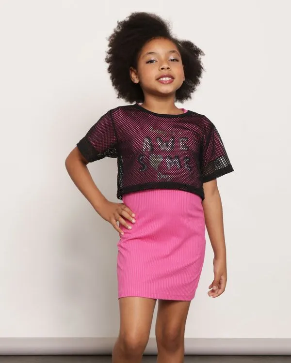 Vestido Infantil Manga Curta Malha Canelada Com Sobreposição De Blusa Telada 8