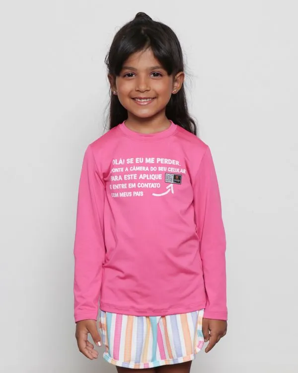 Camiseta Infantil Estampa QRCode Segurança Proteção UV Manga Longa Rosa 10