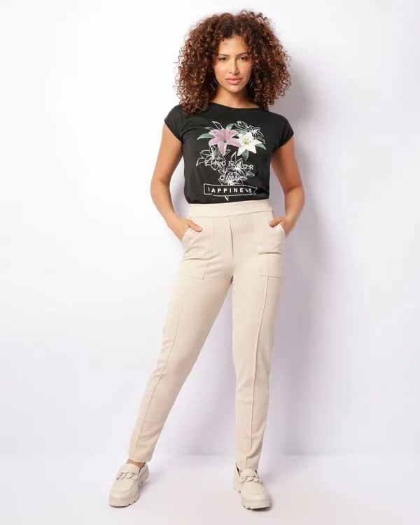 Calça Feminina Crepe Reta Com Bolsos Bege GG