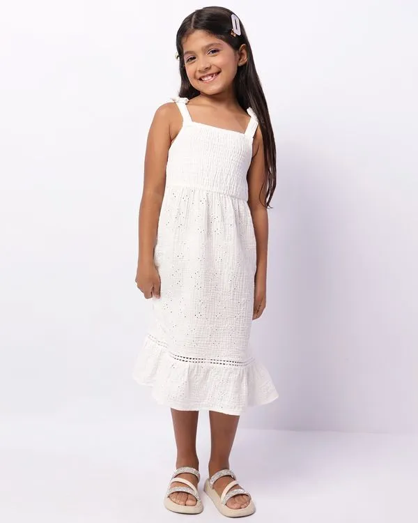 Vestido Infantil Midi Laise Texturizado Com Entremeio Branco 8