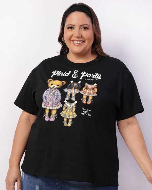Camiseta Plus Size Feminina Estampa Frontal Manga Curta Preta G1
