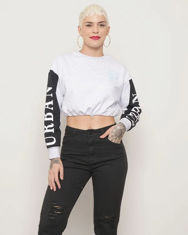 Blusão Moletinho Feminina Cropped Mescla Médio G