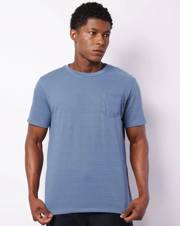 Camiseta Masculina Maquinetada Manga Curta Com Bolso Azul M