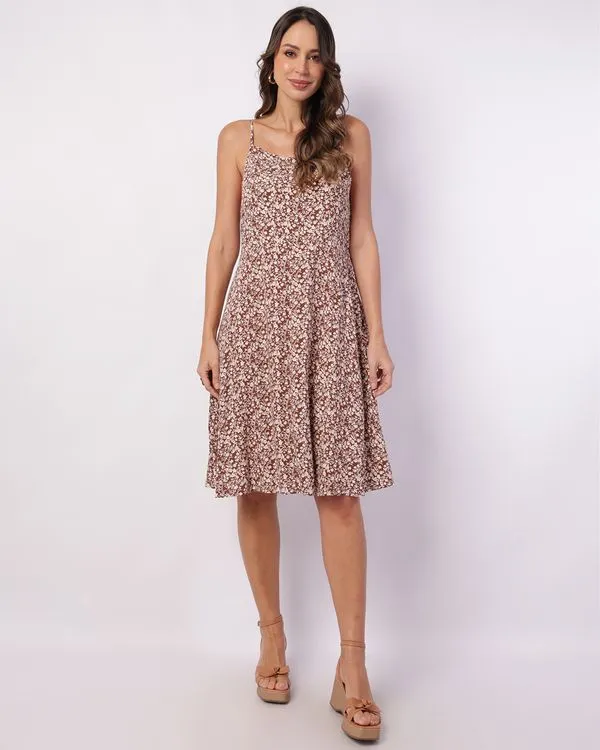 Vestido Feminino Curto Viscose com Alcinha Lastex Estampado Marrom G