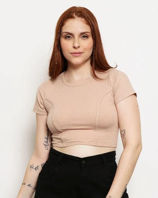 Blusa Feminina Cropped Manga Curta Canelada Bege GG