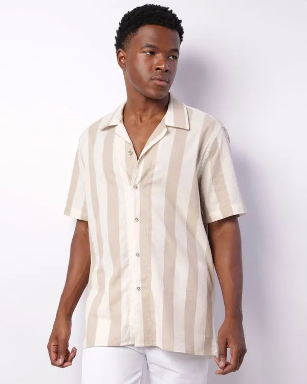 Camisa Masculina Listrada Manga Curta Bege 1