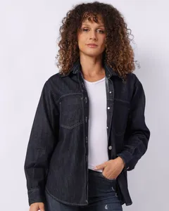Camisa Jeans Feminina Oversized com Bolsos Manga Longa Azul P