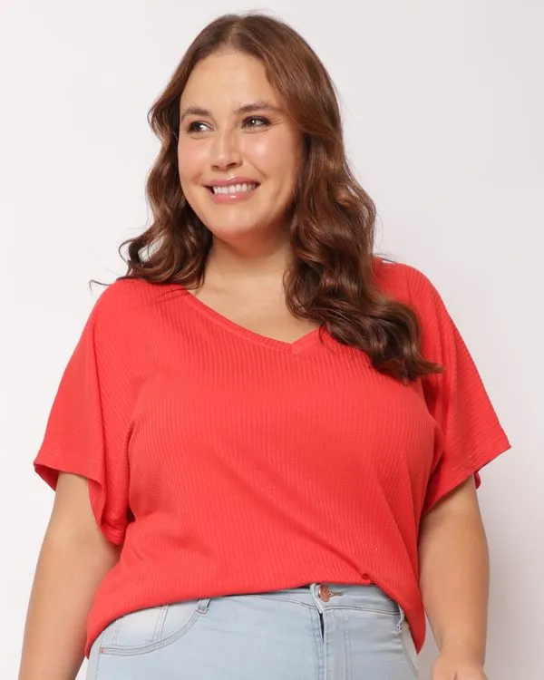Blusa Plus Size Feminina Canelada Decote V Manga Curta Rosa G3