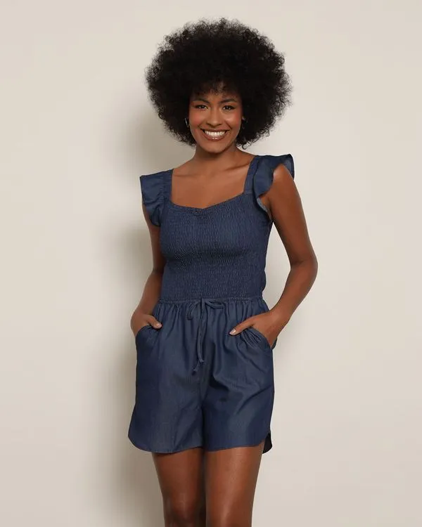 Macaquinho Feminino Curto Liocel Lastex Alça Com Babado Azul Escuro GG
