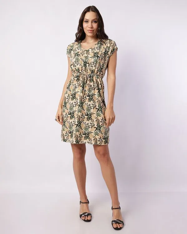 Vestido Feminino Curto Viscose Berry & Co. Amarração Estampado Bege M