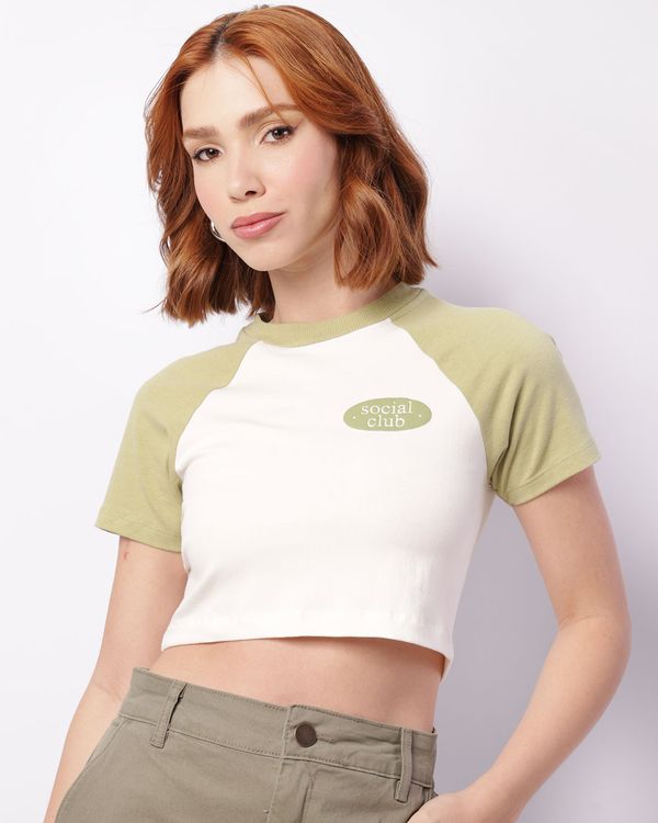 Blusa Feminina Cropped Manga Curta Raglan Off White G