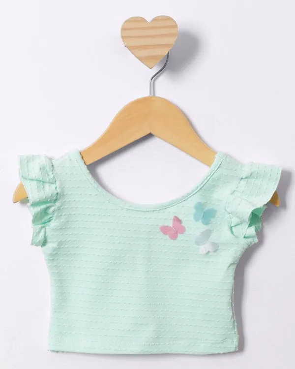 Blusa Bebê Cropped Manga Curta Babado Com Aplicação Interativa Verde 1