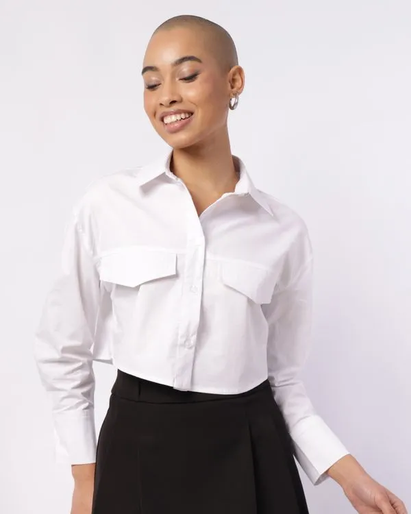 Camisa Feminina Cropped Algodão Manga Longa Branca P