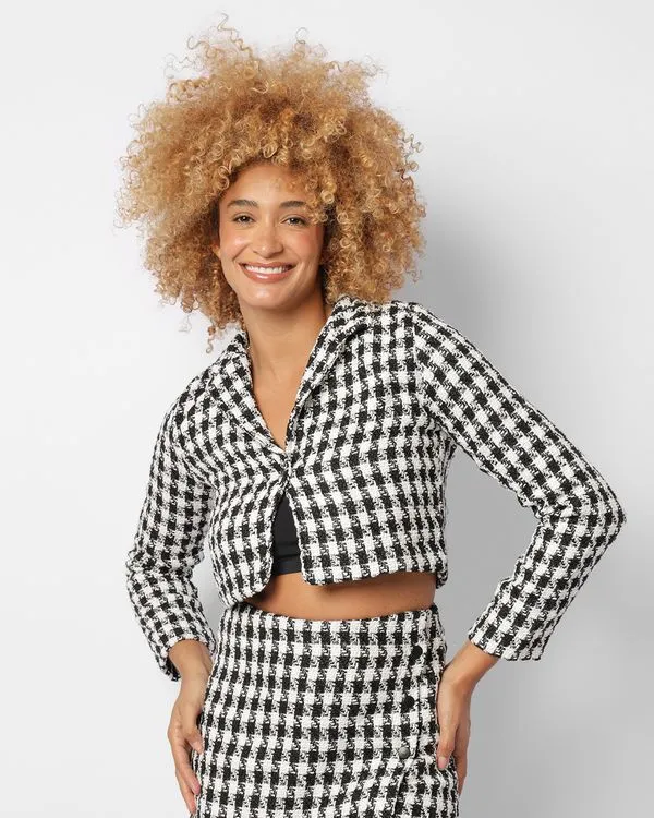 Casaco Feminino Cropped Tweed Xadrez Preto M