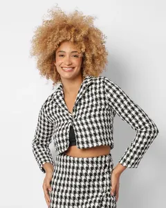 Casaco Feminino Cropped Tweed Xadrez Preto P