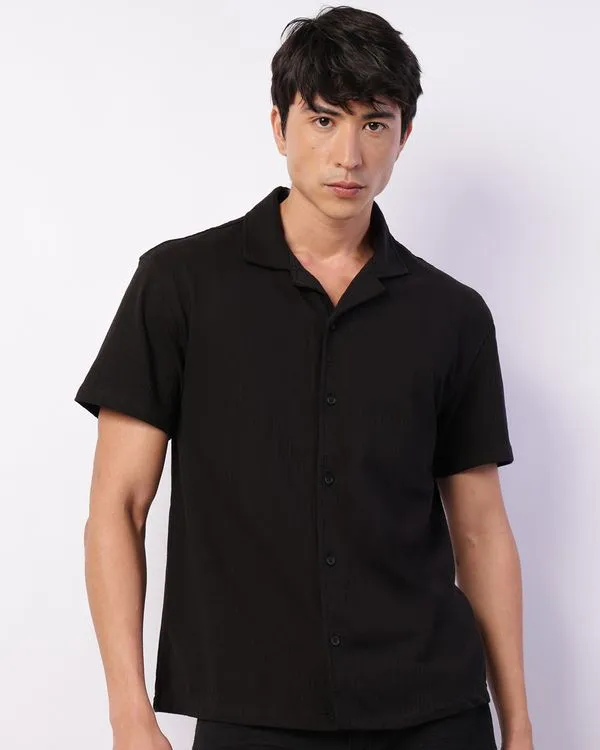Camisa Masculina Manga Curta Texturizada Com Botões Preta P