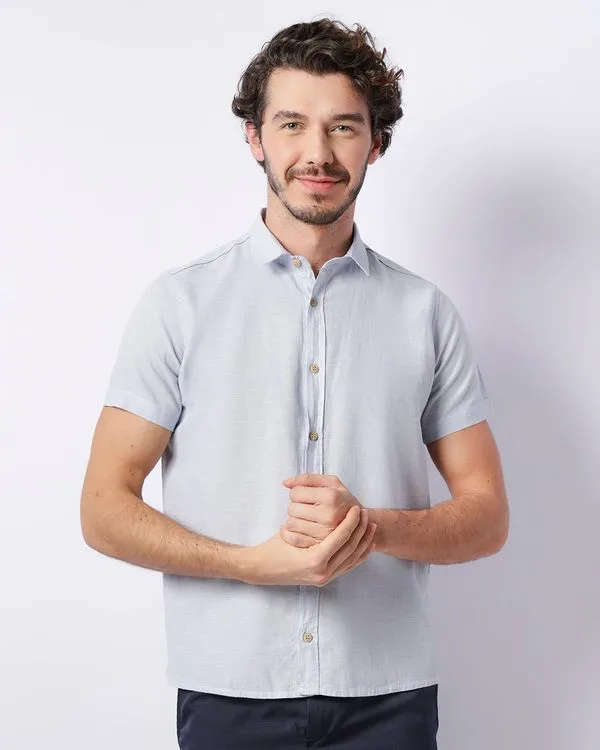 Camisa Masculina Linho Manga Curta Com Botões Azul P