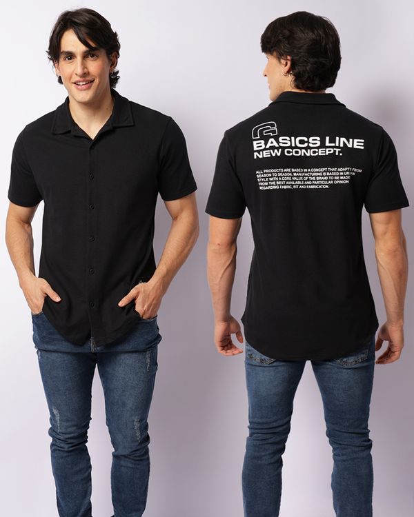 Camisa Masculina Manga Curta Canelada Com Bordado Preta G