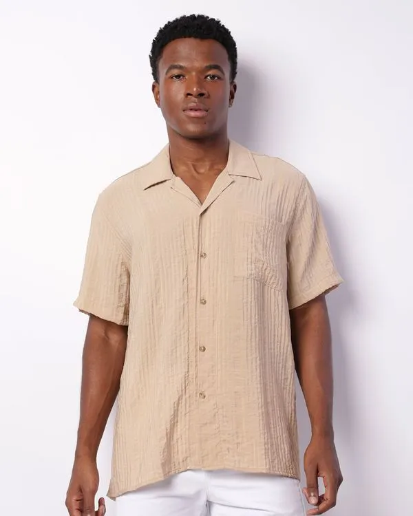 Camisa Masculina Manga Curta Viscose Texturizada Bolso Bege 3