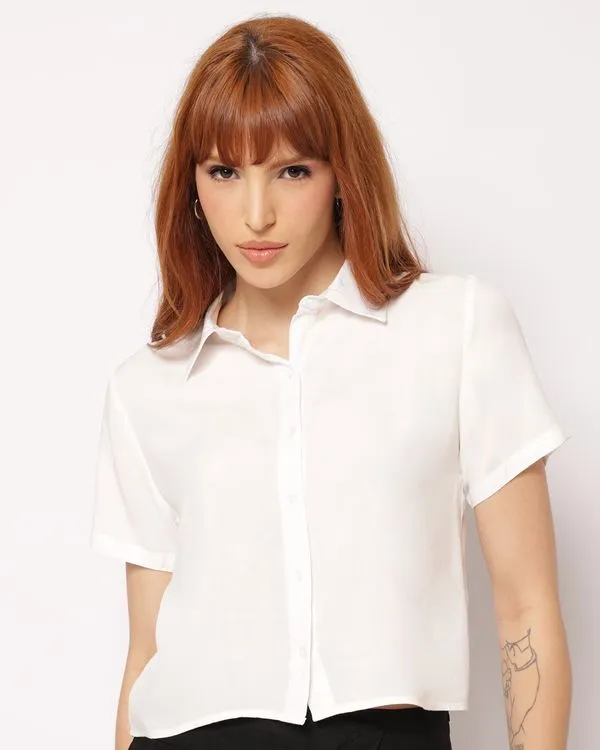 Camisa Feminina Viscose Berry & Co. Cropped Manga Curta Branca M