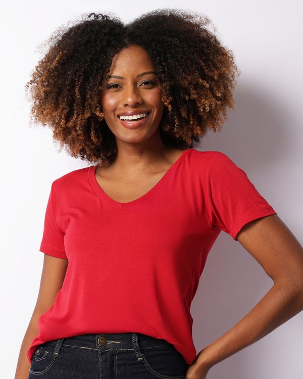 Blusa Feminina Manga Curta Decote V Básica Vermelha G
