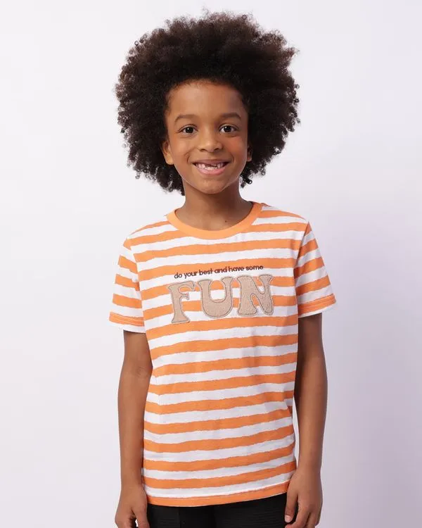Camiseta Infantil Bordado Listrada Manga Curta Laranja 8