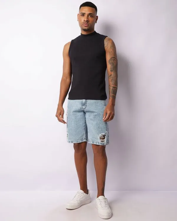 Bermuda Jeans Masculina Reta Com Bolsos Destroyed Azul 42