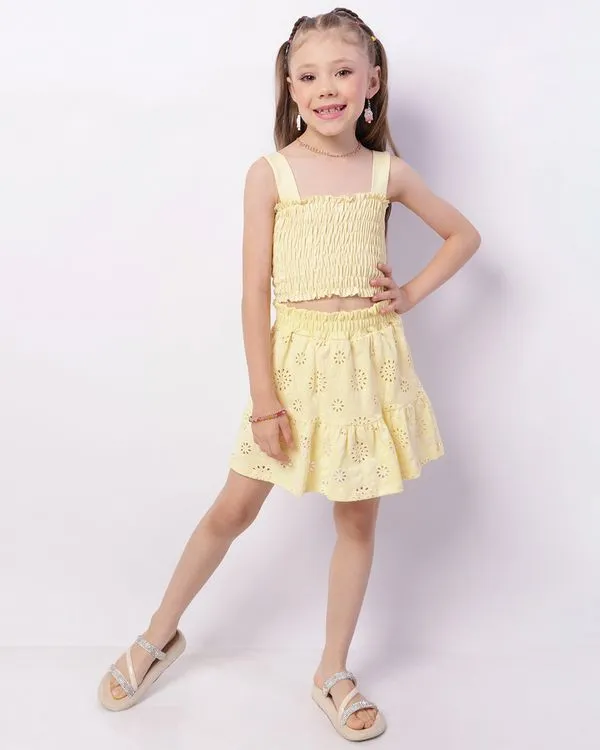 Short Saia Infantil Curta Bordado Laise Amarelo 8