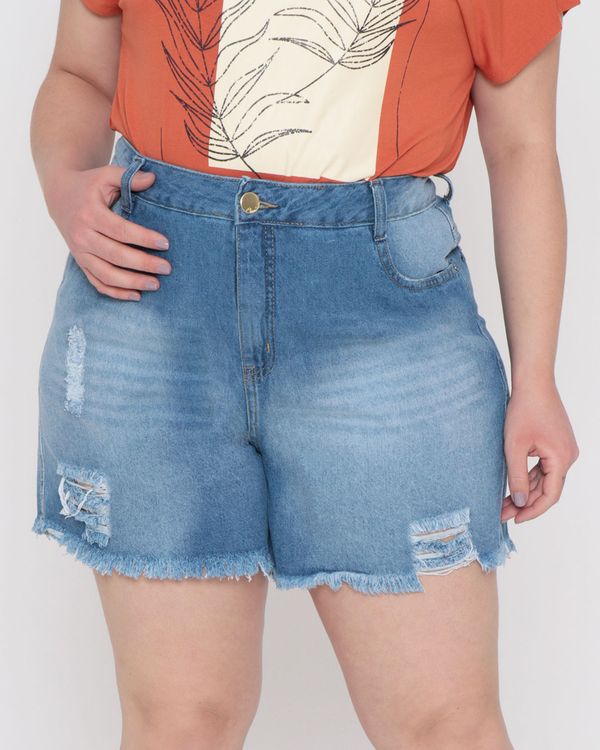 Short Jeans Feminino Plus Size Destroyed Desfiado Azul Claro 54