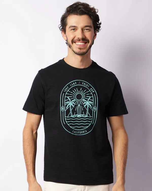 Camiseta Masculina Texturizada Coqueiro Manga Curta Preta G