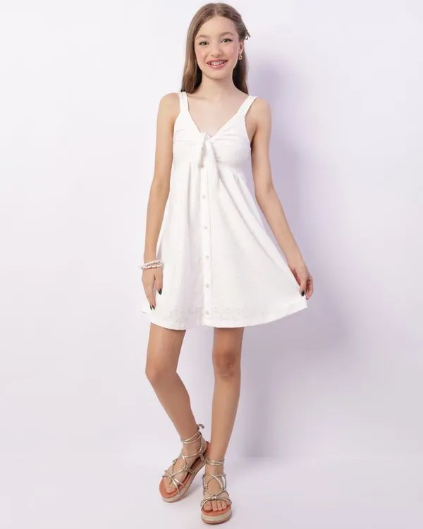Vestido Juvenil Curto Alcinha Laise Amarração Botões Branco 14