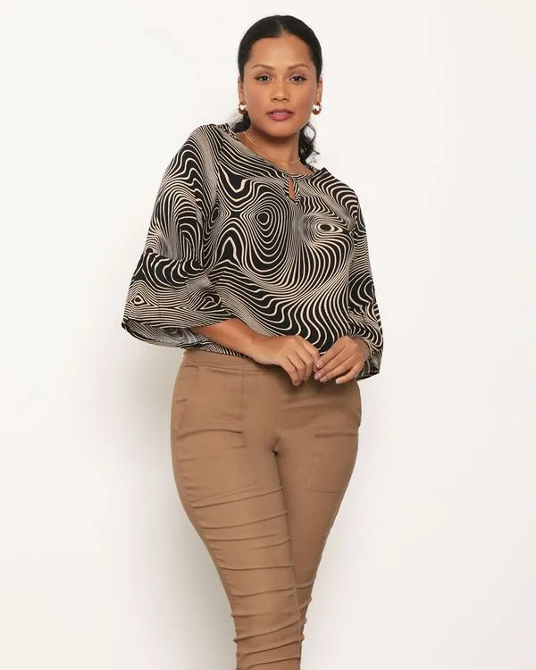Blusa Feminina Manga Sino Estampada Viscose Preta G
