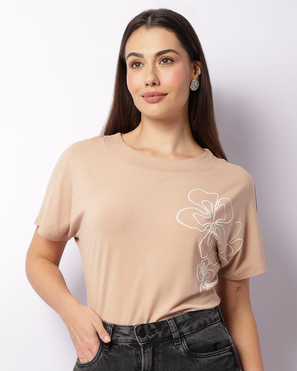 Blusa Feminina Manga Curta Aplicação Frontal Texturizada Bege P