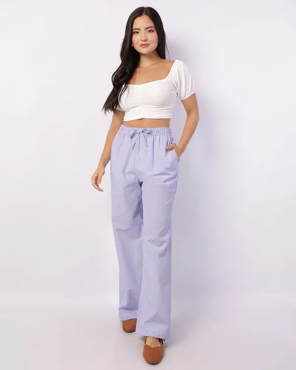 Calça Feminina Reta Tricoline Estampa Listrada Azul GG
