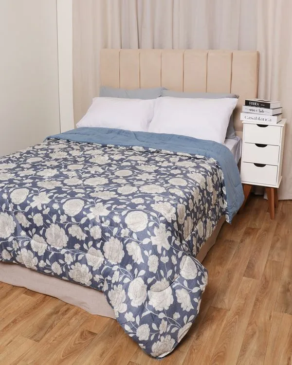 Coberdrom Queen Slim Plush Floral Poá Hedrons Azul UN