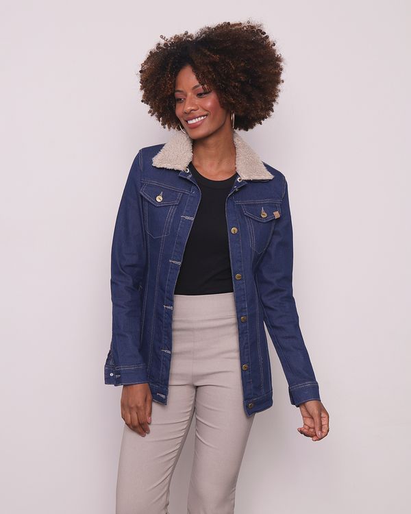 Jaqueta Jeans Feminina Capuz Sherpa Removível Azul P