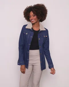 Jaqueta Jeans Feminina Capuz Sherpa Removível Azul M